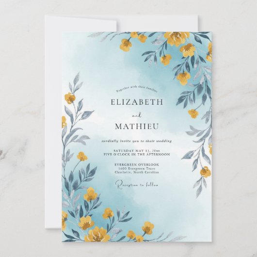 Cerulean Gele Wilde Bloemen Bruiloft Kaart (Voorkant)
