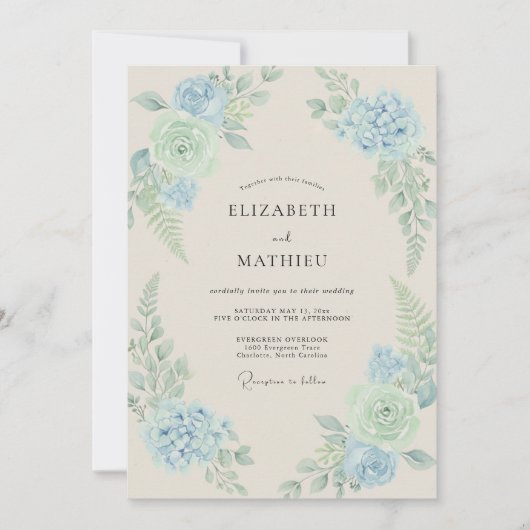 Cerulean Mint Hydrangea Eucalyptus Bruiloft Kaart (Voorkant)
