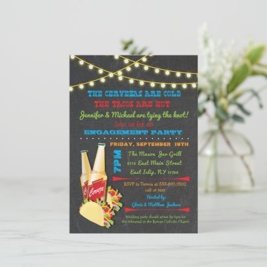 Cervezas and tacos Engagement Party invitations Kaart (Staand voorkant)