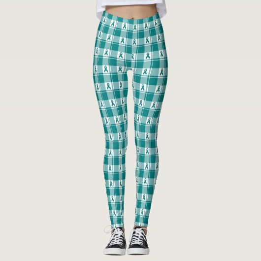 Cervical Cancer Awareness Plaid Teal Ribbon Leggings (Voorkant)