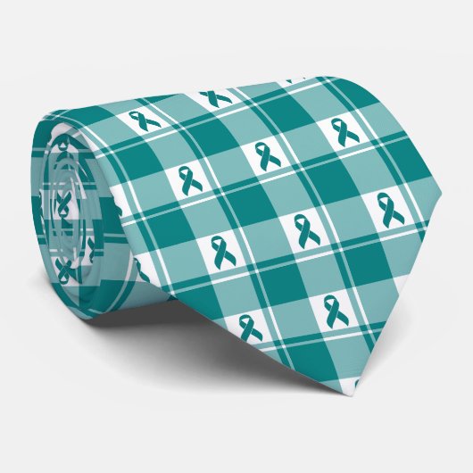 Cervical Cancer Awareness Plaid Teal Ribbon Stropdas (Opgerold)