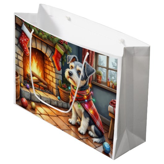Cesky Terrier Fireplace with Christmas Lights Groot Cadeauzakje (Voorkant Gekanteld)