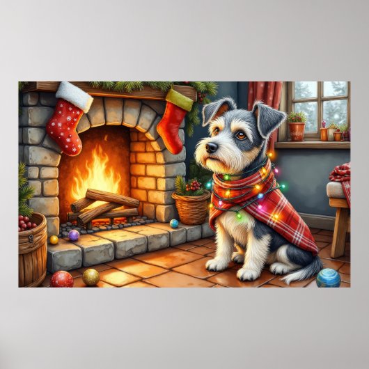 Cesky Terrier Fireplace with Christmas Lights Poster (Voorkant)