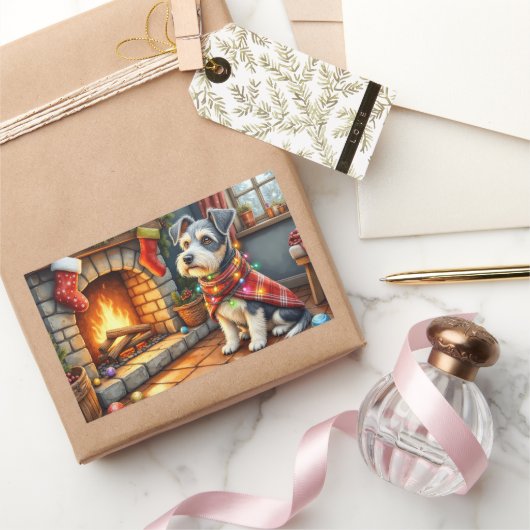 Cesky Terrier Fireplace with Christmas Lights Rechthoekige Sticker (Geschenken)