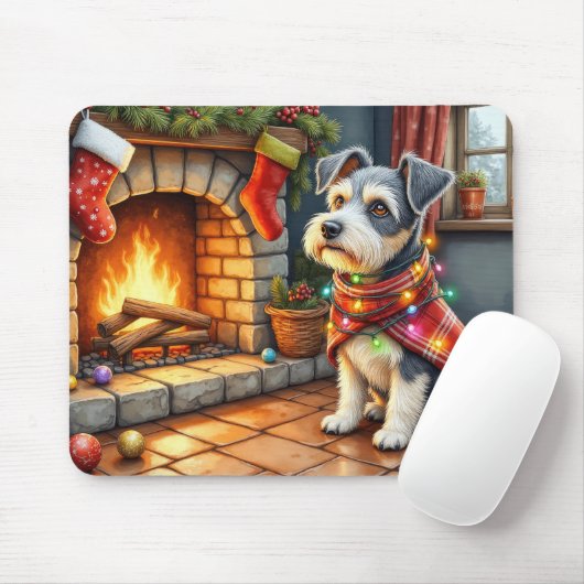 Cesky Terrier Haard met Kerstverlichting Muismat (Met muis)