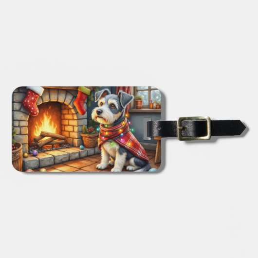 Cesky Terrier Open Haard met Kerstverlichting Bagagelabel (Voorkant horizontaal)
