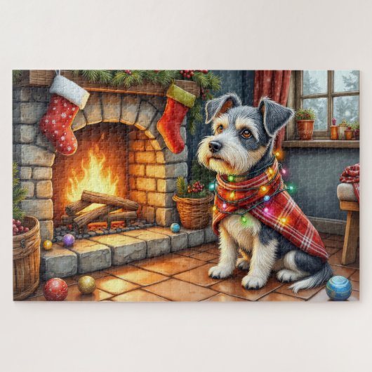 Cesky Terrier Open Haard met Kerstverlichting Legpuzzel (Horizontaal)