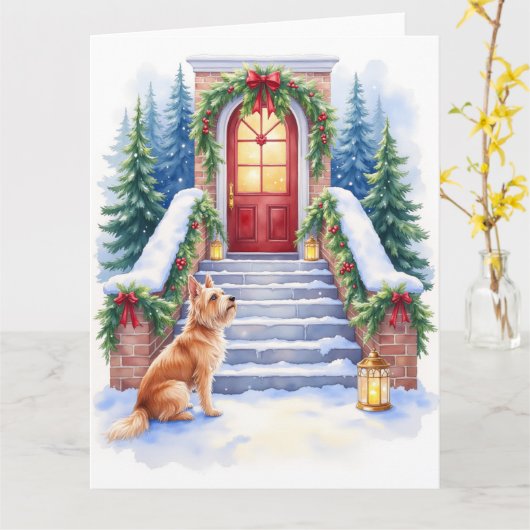 Cesky Terrier Snowy Staircase Christmas Art Kaart (Gele Bloem)