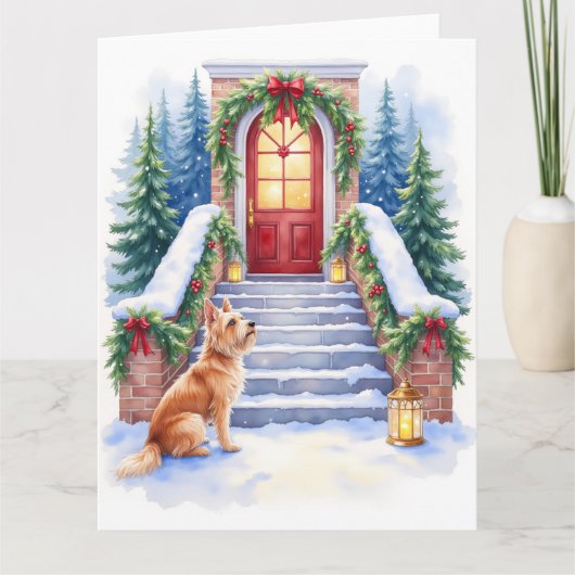 Cesky Terrier Snowy Staircase Christmas Art Kaart (Voorkant)