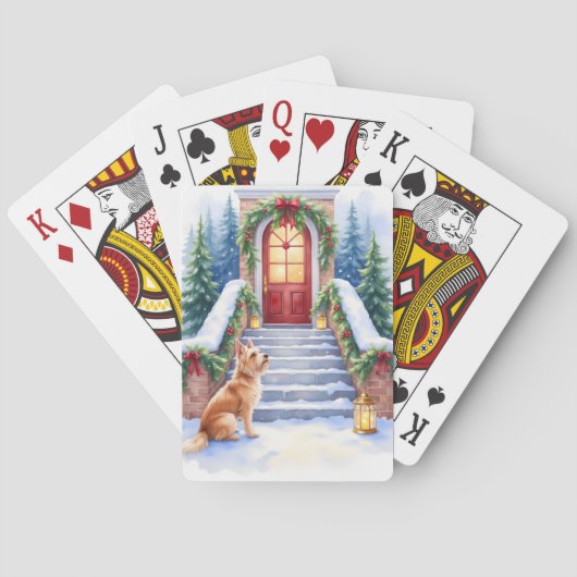 Cesky Terrier Snowy Staircase Christmas Art Pokerkaarten (Achterkant)