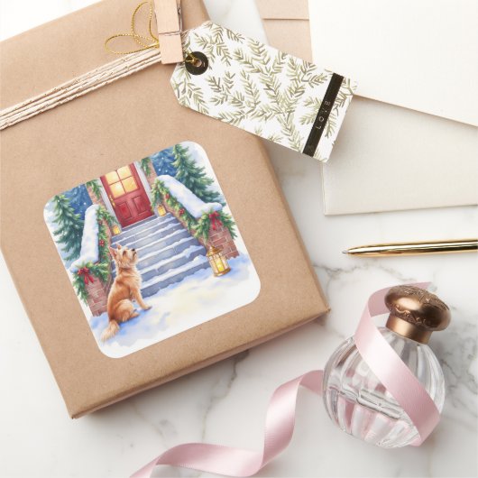 Cesky Terrier Snowy Staircase Christmas Art Vierkante Sticker (Geschenken)