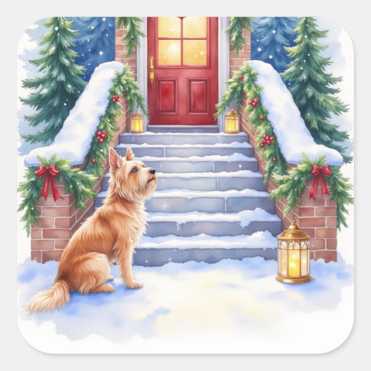 Cesky Terrier Snowy Staircase Christmas Art Vierkante Sticker (Voorkant)