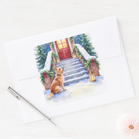 Cesky Terrier Snowy Staircase Christmas Art Vierkante Sticker (Envelop)