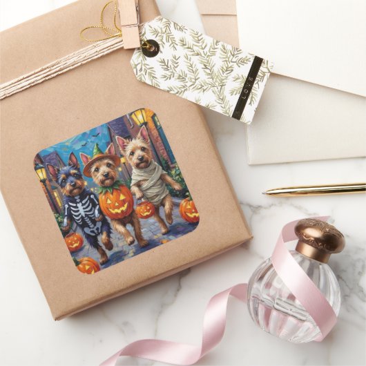 Cesky Terrier Trick-or-Treating Halloween kostuum Vierkante Sticker (Geschenken)