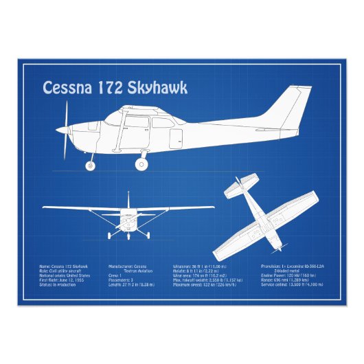 Cessna 172 Skyhawk - Vliegtuigblauwdruk plannen AB Foto Afdruk (Voorkant)