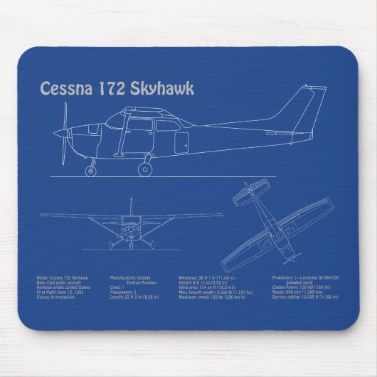 Cessna 172 Skyhawk - Vliegtuigblauwdruk Plannen AD Muismat (Voorkant)