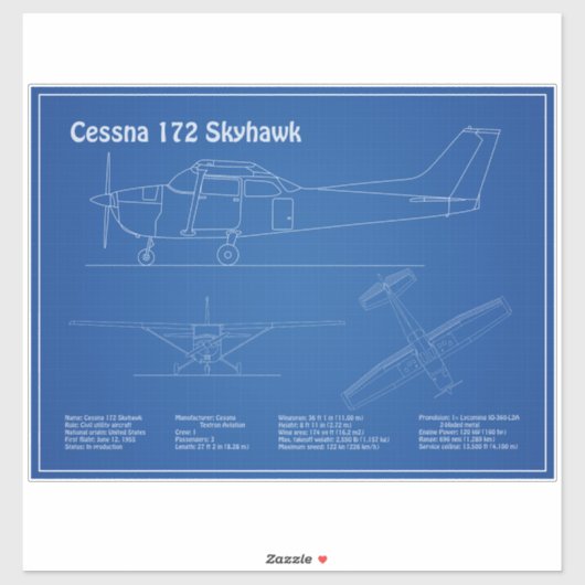 Cessna 172 Skyhawk - Vliegtuigblauwdruk Plannen AD Sticker (Vel)
