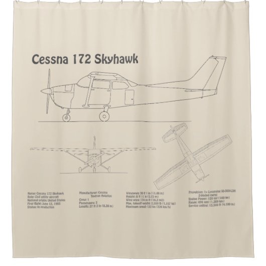Cessna 172 Skyhawk - Vliegtuigblauwdruk Plannen SD Douchegordijn (Voorkant)