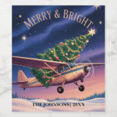 Cessna Airplane carries Christmas Tree Photo Funny Wijn Etiket (Enkel label)