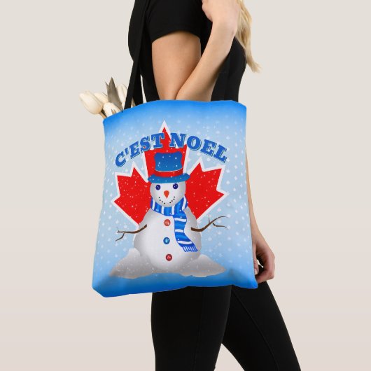 C'EST NOEL Canadian Maple Leaf Snowman Christmas Tote Bag (Dichtbij)