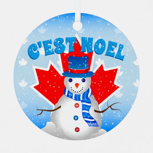 C'EST NOEL Canadian Maple Leaf Snowman Kerstmis Metalen Ornament (Voorkant)