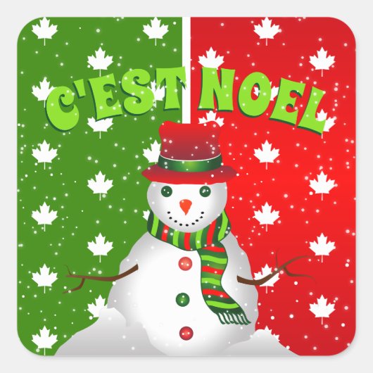 C'est Noel Snowman Canadian Maple Leaf Kerstmis Vierkante Sticker (Voorkant)