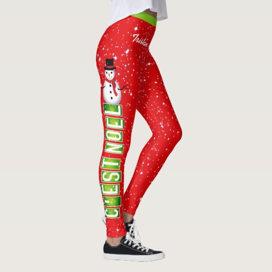 C'EST NOEL Snowman Kerstmis met Jouw naam op RED Leggings (Rechts)