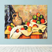 Cezanne - Gordijn, kan en fruit, Canvas Afdruk (Insitu (Houten vloer))