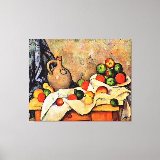 Cezanne - Gordijn, kan en fruit, Canvas Afdruk (Voorkant)