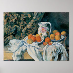 Cézanne - Stilleven met gordijn en gebloemde kan Poster