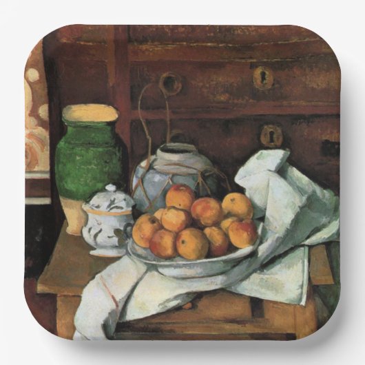 Cezanne - Vaartuigen, Vruchten en Doek Papieren Bordje (Voorkant)
