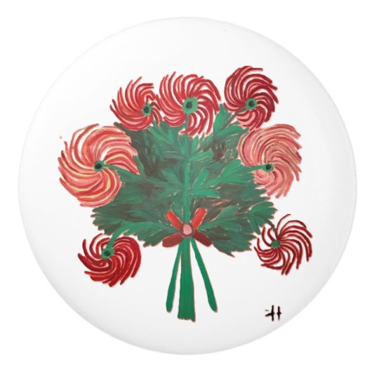 CH Zinnias rood boeket Keramische Knop (Voorkant)