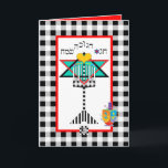Chag Chanukkah Sameach Hanukkiah Kaart<br><div class="desc">Een kleurrijke draaiende driedel is onder een Chanoeka en Magen David wensend Chag Chanoeka Sameach! Interieur is omzoomd en gecoördineerd voor uw schrijfplezier. ~ Karyn</div>