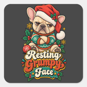 Chagrijnig slapend gezicht Franse Bulldog Kerst Gr Vierkante Sticker