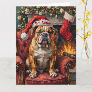 Chagrijnige Bulldog Kerstmuts op Fluwelen Stoel Kaart