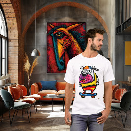 Chagrijnige Bulldog op Skateboard Cartoon T-Shirt
