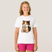 Chagrijnige Calico Kat Bubble Tea T-shirt (Voorkant volledig)