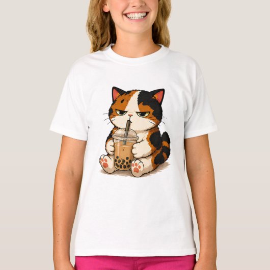 Chagrijnige Calico Kat Bubble Tea T-shirt (Voorkant)