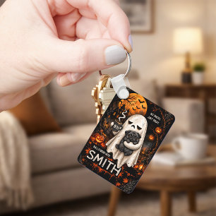 Chagrijnige Geest met Zwarte Pug Hond Meh Hallowee Sleutelhanger
