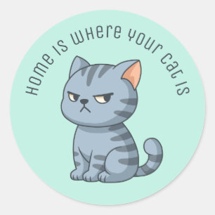 Chagrijnige grijze gestreepte kat aangepaste tekst ronde sticker