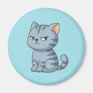 Chagrijnige grijze gestreepte kat op blauw magneet
