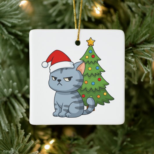 Chagrijnige Grijze Lapjeskat Rode Kerstmuts Kerstb Keramisch Ornament (Boom)