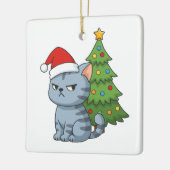 Chagrijnige Grijze Lapjeskat Rode Kerstmuts Kerstb Keramisch Ornament (Links)