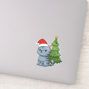 Chagrijnige Grijze Lapjeskat Rode Kerstmuts Kerstb Sticker