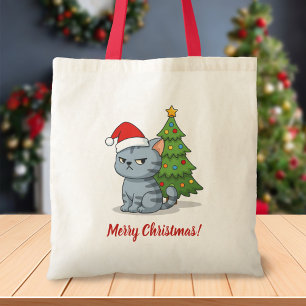 Chagrijnige Grijze Lapjeskat Rode Kerstmuts Kerstb Tote Bag