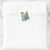 Chagrijnige Grijze Lapjeskat Rode Kerstmuts Kerstb Vierkante Sticker (Tas)