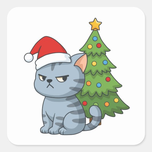 Chagrijnige Grijze Lapjeskat Rode Kerstmuts Kerstb Vierkante Sticker (Voorkant)