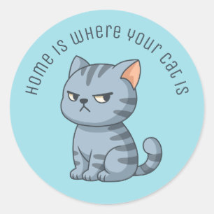 Chagrijnige grijze tabby kat aangepaste tekst blau ronde sticker