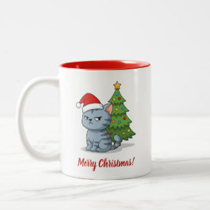 Chagrijnige grijze tabby kat rode kersthoed kerstb tweekleurige koffiemok