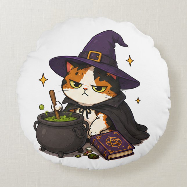 Chagrijnige Heksenkat Halloween  Rond Kussen (Voorkant)